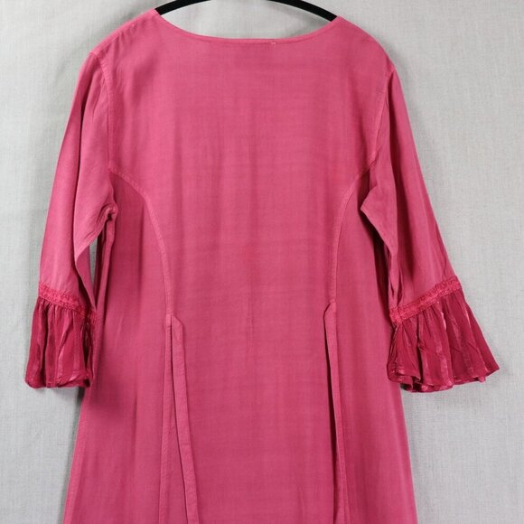 BFA Classic Embroidered Button Front Dress M Boho Fuchsia Rayon Midi Tie Back - Picture 13 of 16